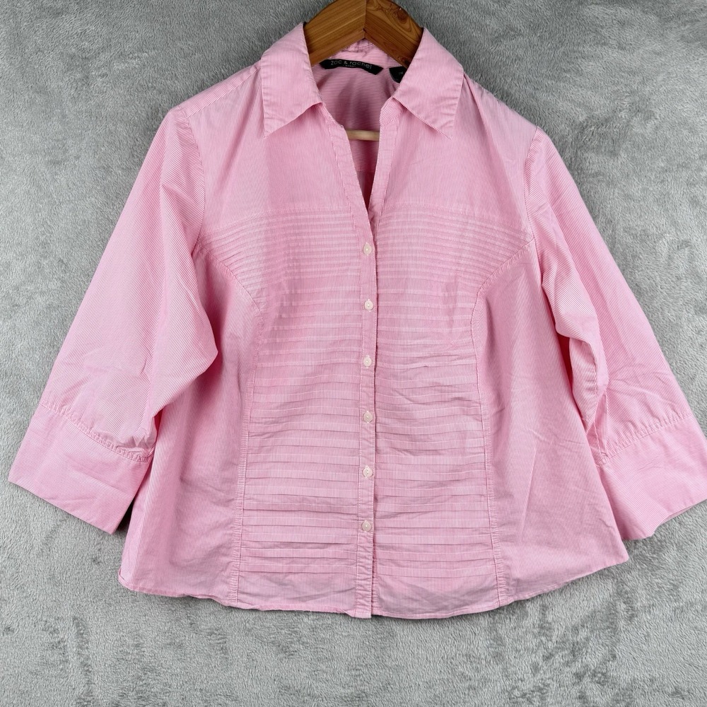 Zac & Rachel Button Up Shirt Womens 2X Pink Pinstripe L/S Collar Pleated Basic